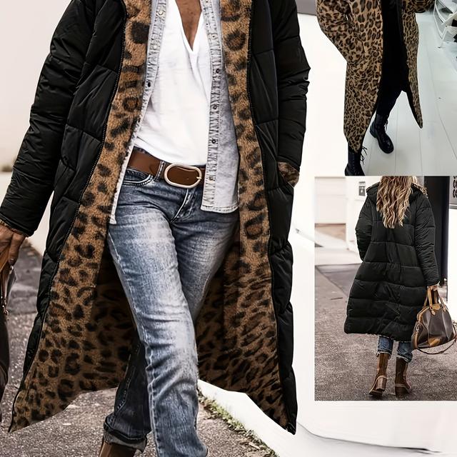 TEMU Plus Size, Women's Autumn/winter Padded Coat, Reversible Mid-length Leopard Thickened Outerwear