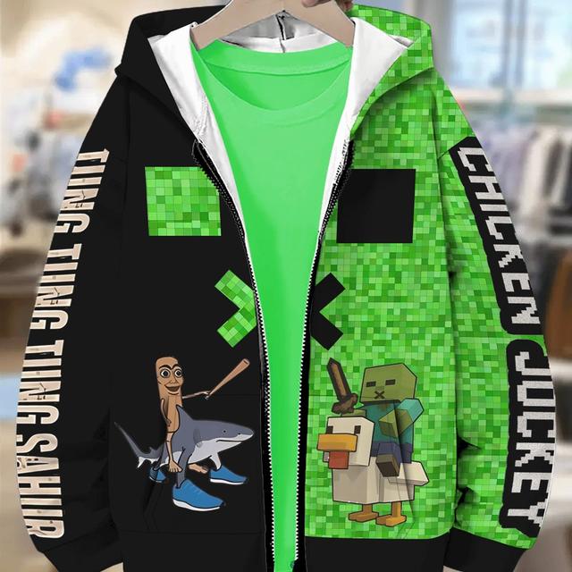 TEMU Boys' Hoodie With Zombie Chicken & Mountain And Sea Journey Design - Cozy Long Sleeve Zip-up Jacket, Black With Accents, Fall/winter Outdoor Play, ' Clothing, ' Apparel, Durable Kids' Wear