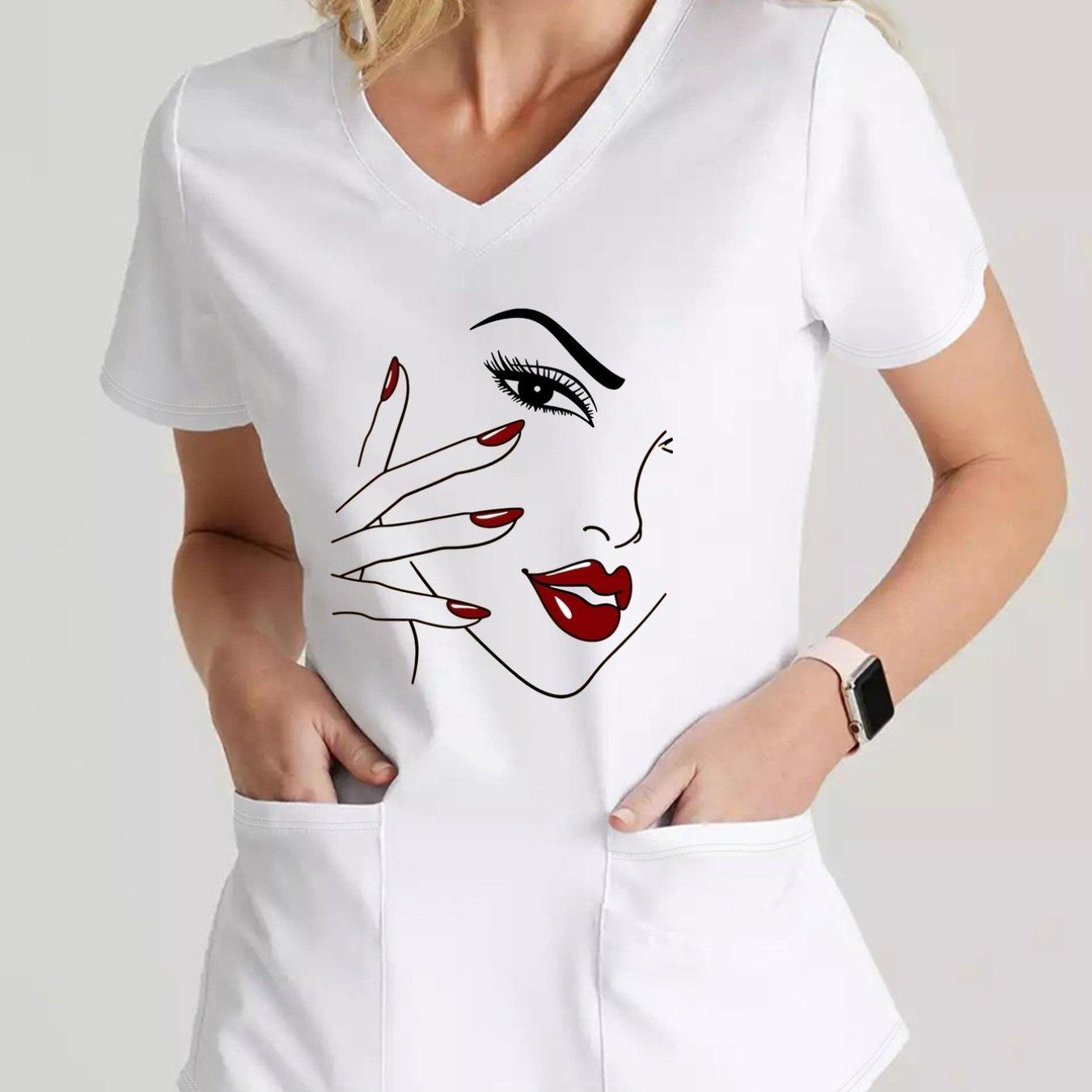 TEMU V-neck Women's Fashion T-shirt, Women's Printed V-neck Top, Style, Versatile,