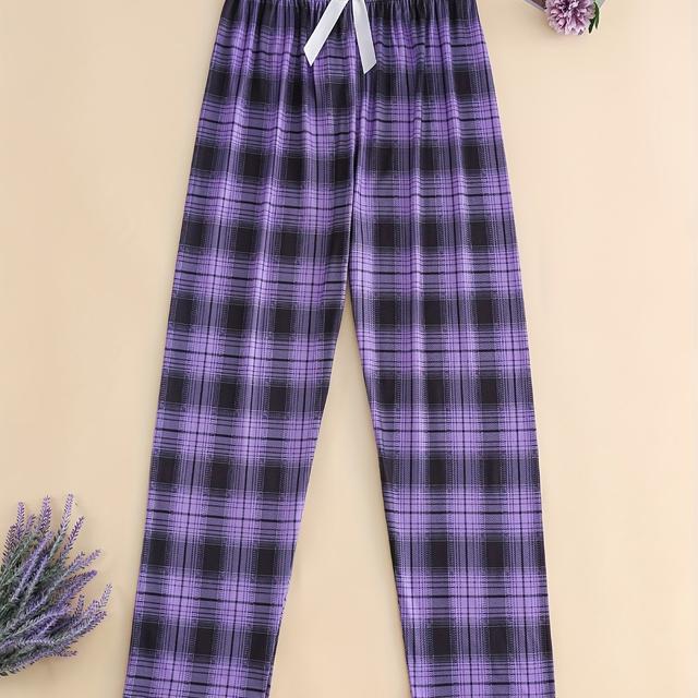 TEMU 봄과 여름 여성용 파자마 팬츠, 신축성 있는 밴드, 루즈한 캐주얼 스타일의 리본과 투톤 체크무늬, 자유롭게 착용 가능
