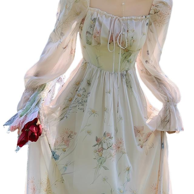 TEMU 花柄ネックドレス、トなフリルヘム長袖ドレス春秋用、レディース