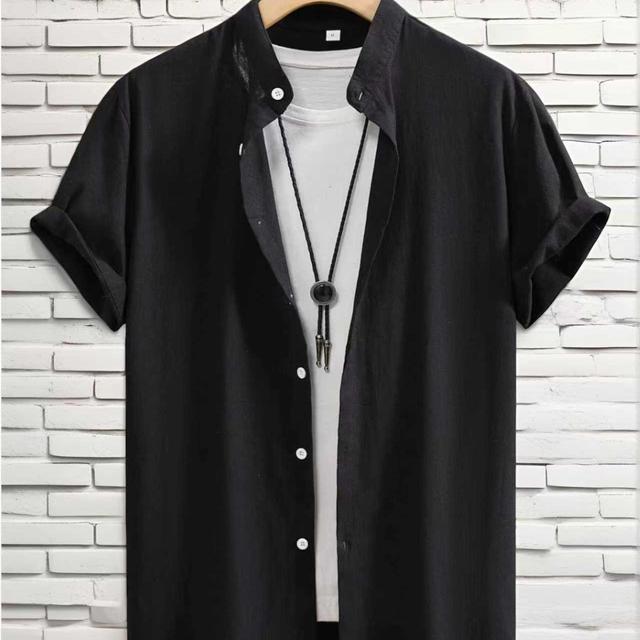 TEMU Men's Stylish Casual Short-sleeve Shirt With A Stand Collar And Button Closure For Summer