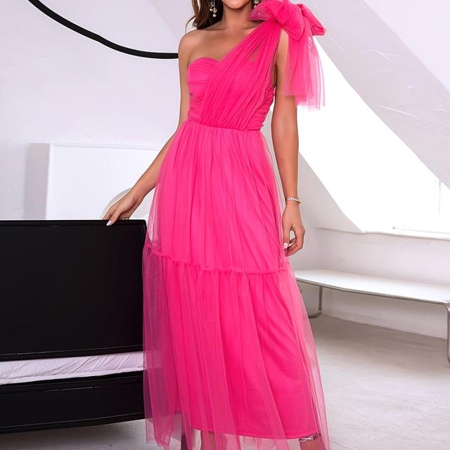 TEMU Ein einfarbiges Mesh-Kleid für Damen mit Knoten-Detail und Rüschen, für alltägliche Fotografie