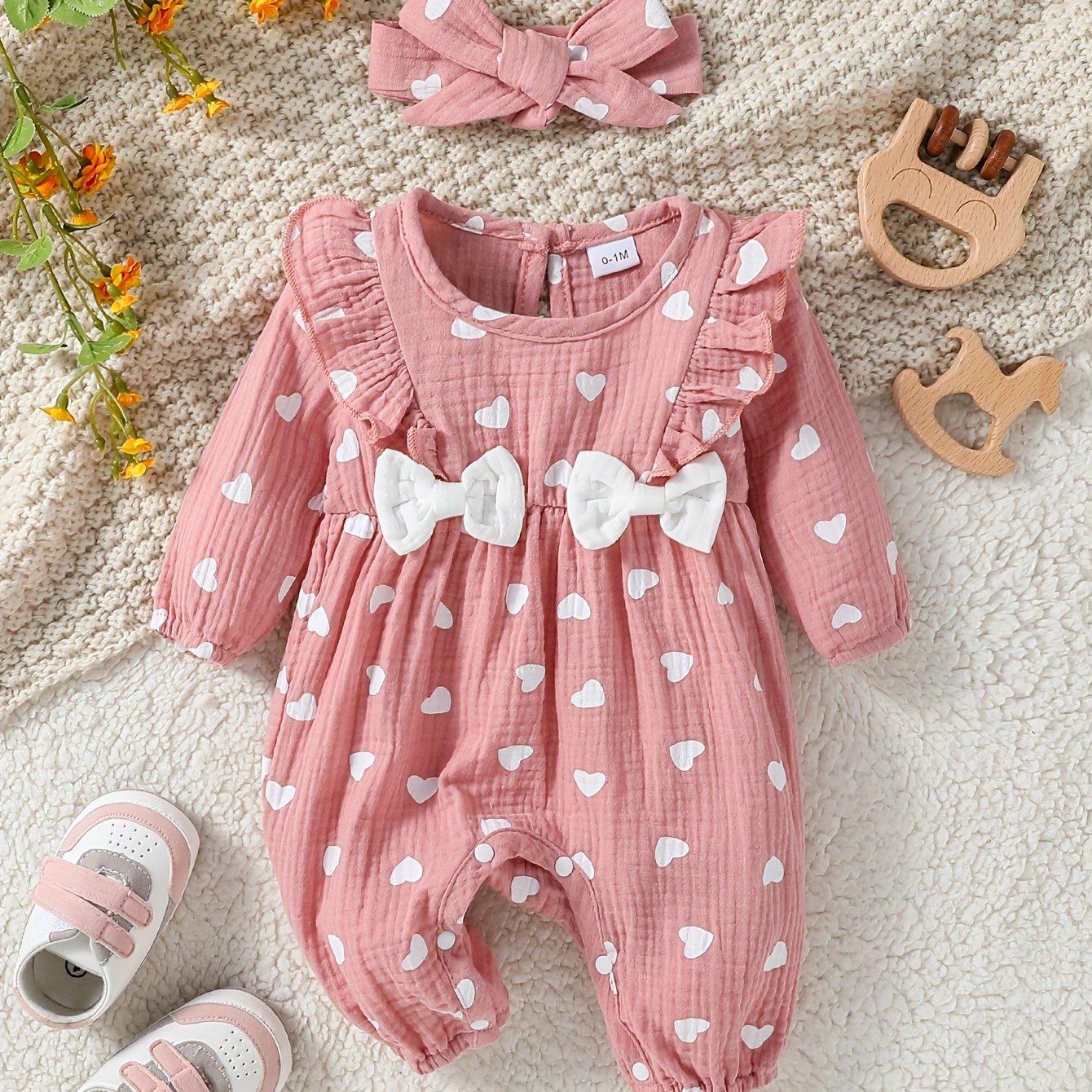TEMU Girls' Long Sleeve Romper - Soft Pink Floral Onesie With, Easy-diaper Change, For Newborns To 6 Months, Spring/fall Outfit, Infant & Toddler Clothing, , Comfortable Babywear, Perfect For Outdoor