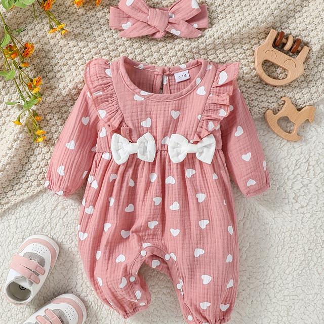 TEMU Girls' Long Sleeve Romper - Soft Pink Floral Onesie With, Easy-diaper Change, For Newborns To 6 Months, Spring/fall Outfit, Infant & Toddler Clothing, , Comfortable Babywear, Perfect For Outdoor