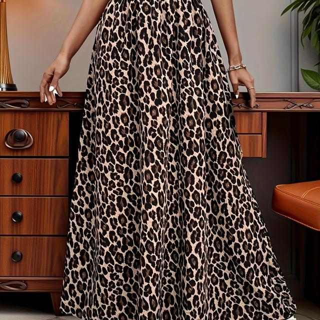 TEMU 여성용 우아한 프린트 하이웨이스트 맥시 드레스 - 플로우 여름 캐주얼 휴가 스타일, 세탁기 사용 가능 폴리에스터, 브라운 프린트 디자인