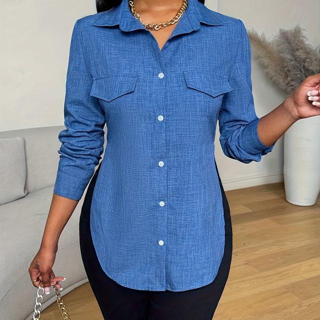 TEMU [] Women's Elegant Blue Denim-style Casual Shirt - Polyester, Button-up With Turn-down Collar And Chest Pockets, Machine Washable, Spring/summer