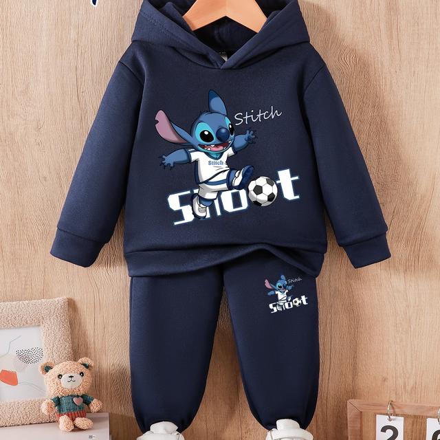 TEMU Boys' 2pcs Autumn Winter New Hooded Jogger Set, Sporty Cell Monster "stitch" Soccer , Warm Wear For Cold Weather, Comfortable Daily Outfit For Babies, For Outdoor