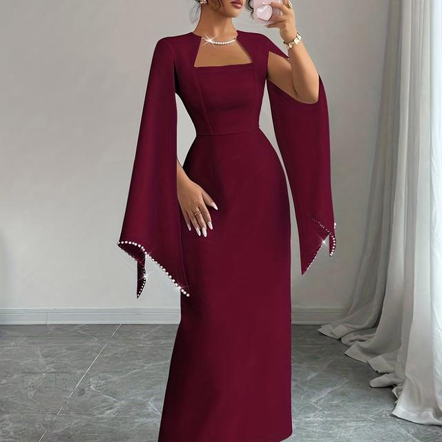 TEMU Elenzga Women's Elegant Square Neckline Waist-defining Flared Skirt With Pearl Chain Cuffs, Suitable For Weddings, Parties, Music Festivals, And Thanksgiving And Summer