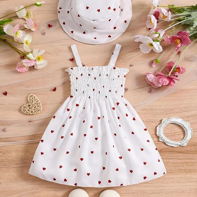 TEMU 2025 Summer New Arrival - Cute ' Sleeveless Spaghetti Strap Dress, Casual Heart Print With Shirred Waist, Non-stretch Fabric, Spring/summer, Casual Wear| Print| He