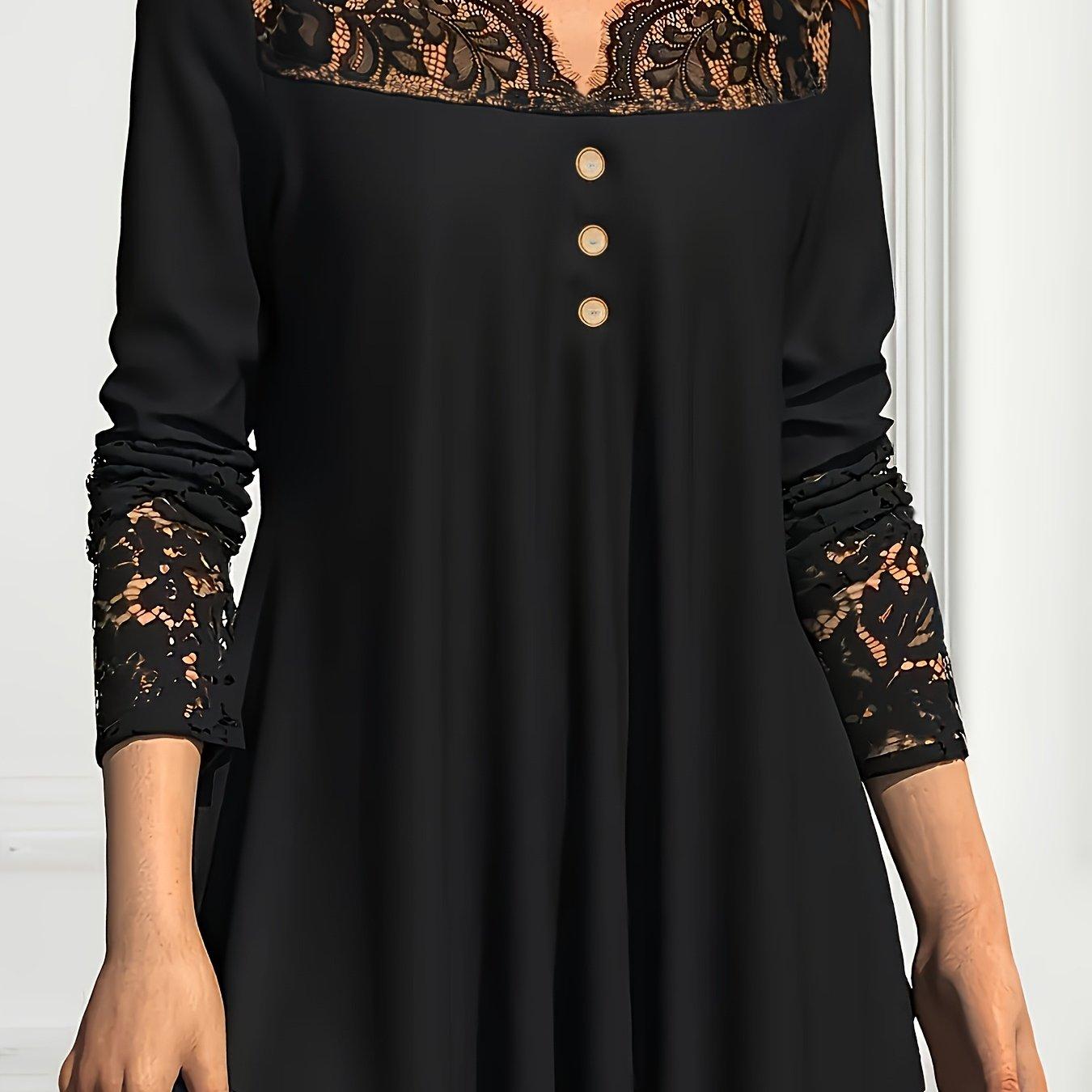 TEMU Plus Size, Modna Bluza z Długim Rękawem w Jednolitym Kolorze z Kontrastową Koronką i Luźnym Krojem Maxi T-Shirt