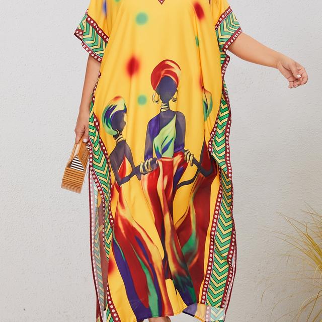 TEMU Plus Size Black Portrait Cover-up, Ethnic Style V-neck Loose Slit Maxi Dress, Bohemian Vacation Robe