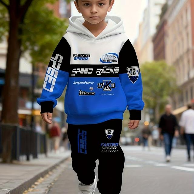 TEMU 남아 레이싱 테마 디지털 프린트 디자인 세트 (긴소매 &amp; 스웨트팬츠 포함). 아이들을 위한 선물로 완벽합니다. 편안한 원단으로 제작되어 가을, 겨울에 적합하며 캐주얼 스포츠웨어 세트는 야외 활동에 이상적입니다.