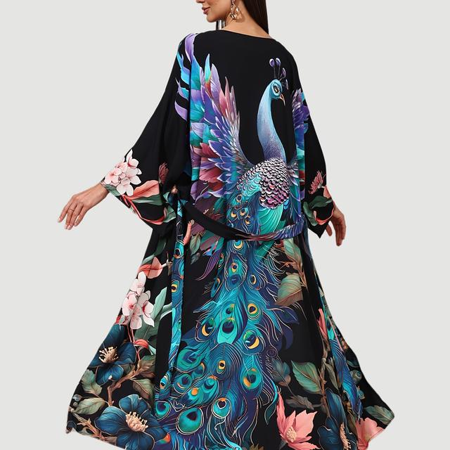 TEMU Women's Summer Kimono-style Cardigan In Black With Peacock Print And A Belt, Beach Vacations