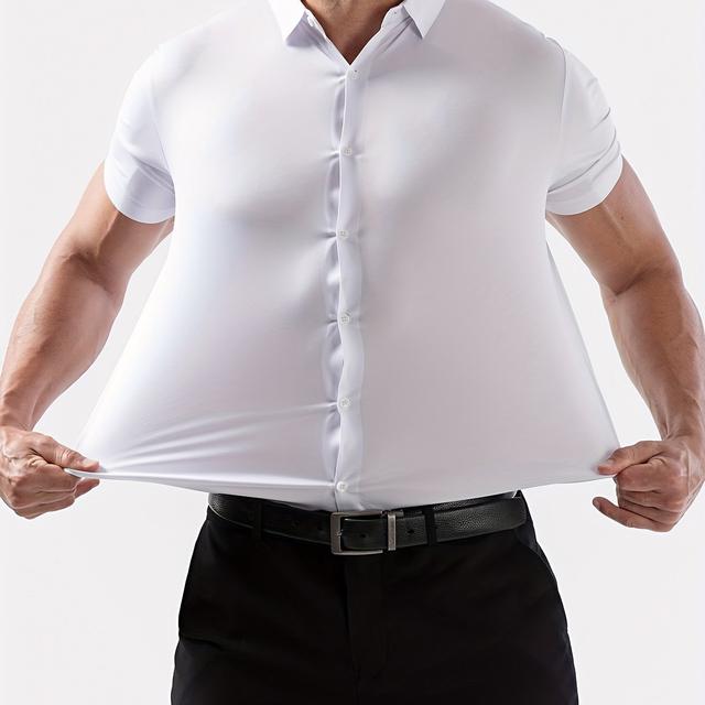 TEMU Camisa Formal de Hombre Sin Costuras, Manga Corta, Elasticidad, Tejido de Punto Sólido 160g, Composición: 88% Poliéster y 12% Spandex