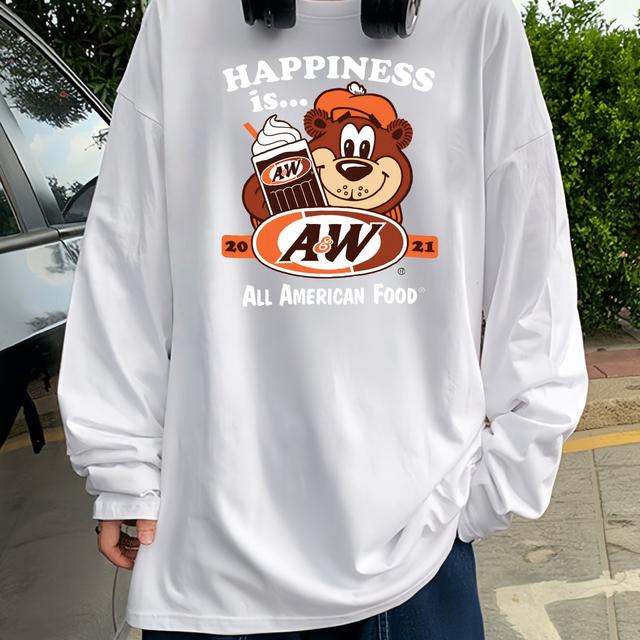 TEMU メンズ＆ウィメンズ Y2Kレトロ A&W ルロゴ＆ント 長袖Tシャツ - オーバーサイズ ヴィンテージ 70s/80s ストリートウェア、日本製、洗濯機可、スカジュアルウェア (A&Wロゴデザイン) - ファンへのノスタルジックギフト、秋のネート
