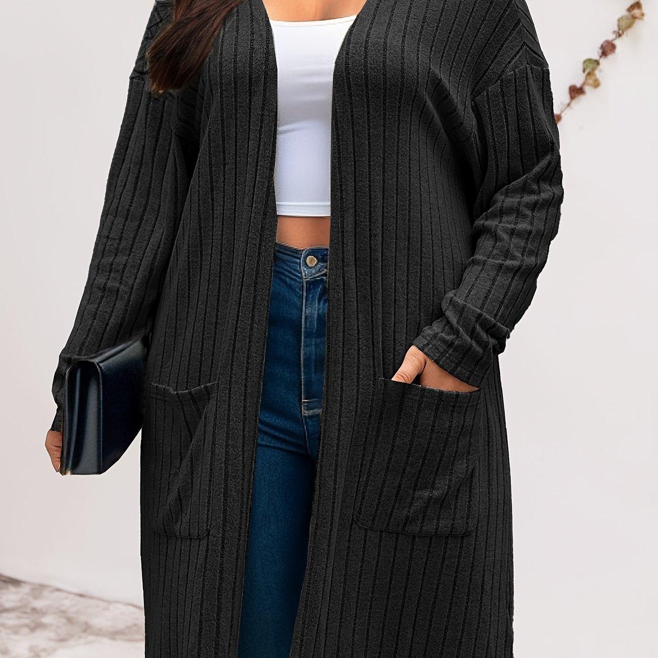 TEMU Grande Taille - Grande Taille - Automne et Hiver Décontracté Confortable Élégant Vêtements Femme Grande Taille Manches Longues Double Poche Ouvert Devant Épaule Pull Long Cardigan Manteau