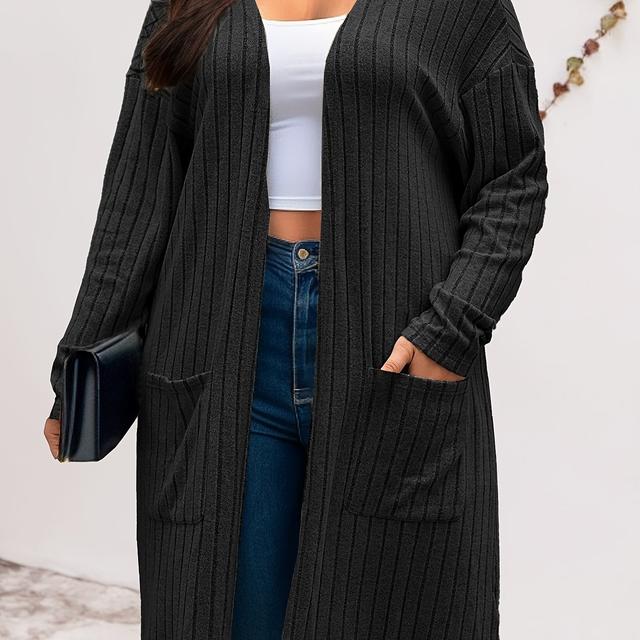 TEMU Grande Taille - Grande Taille - Automne et Hiver Décontracté Confortable Élégant Vêtements Femme Grande Taille Manches Longues Double Poche Ouvert Devant Épaule Pull Long Cardigan Manteau