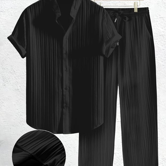 TEMU Ensemble 2 pièces pour Homme : Chemise à Manches Courtes Texturée de Couleur Unie + Pantalon, Ensemble Décontracté pour l'Été