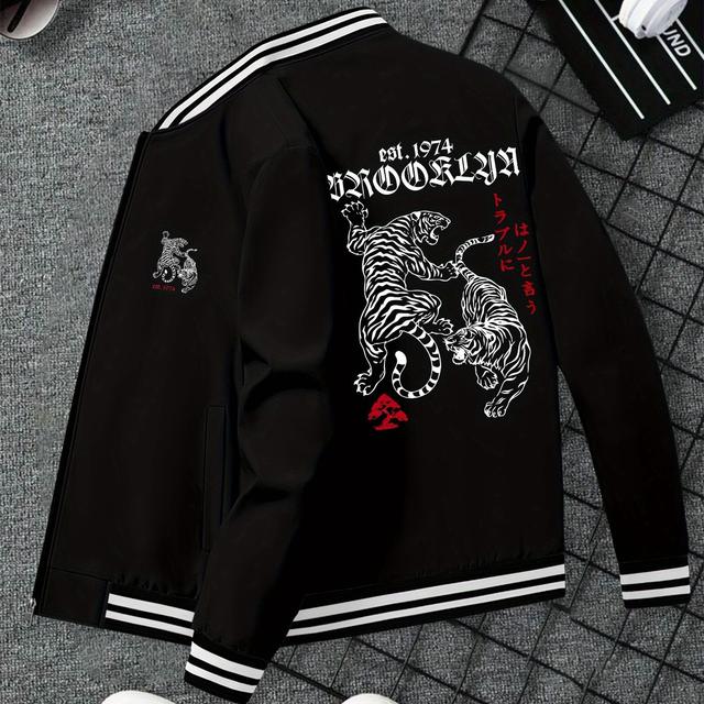 TEMU 欧米風プリント メンズ 秋冬スポーツジャケット カラー付き おしゃれ カジュアル ビジネス ユース ベースボールジャケット 多用途リブ編みジャケット