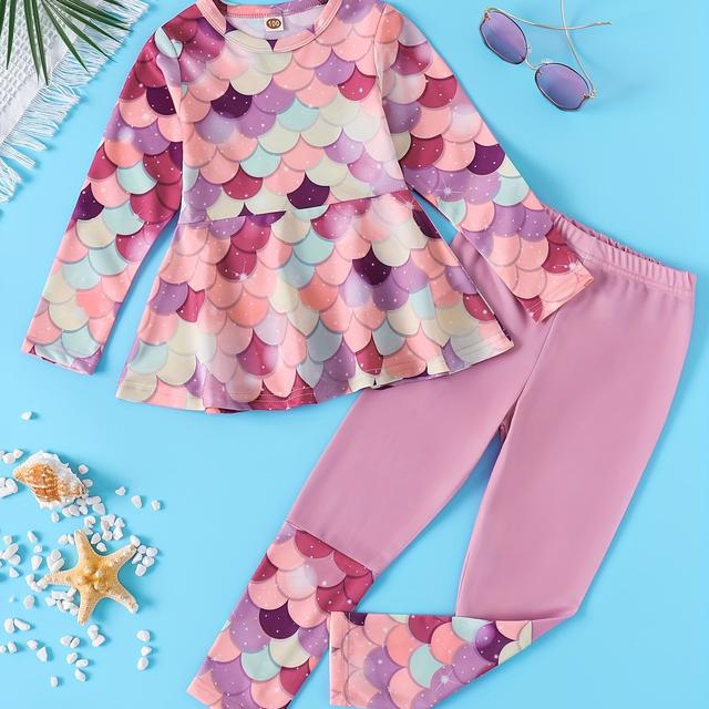 TEMU Girls' -dry Mermaid Print Blouse + Color Block Pants Swimsuit Set