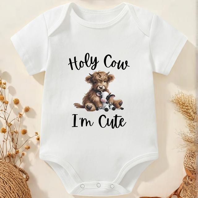 TEMU I'm Cute" Cartoon Highland Print Bodysuit - Soft Short Sleeve Round Neck Romper, Machine Washable Unisex Outfit For Spring Summer Fall, Adorable Shower Gift, Cow Print Clothes, Outdoor