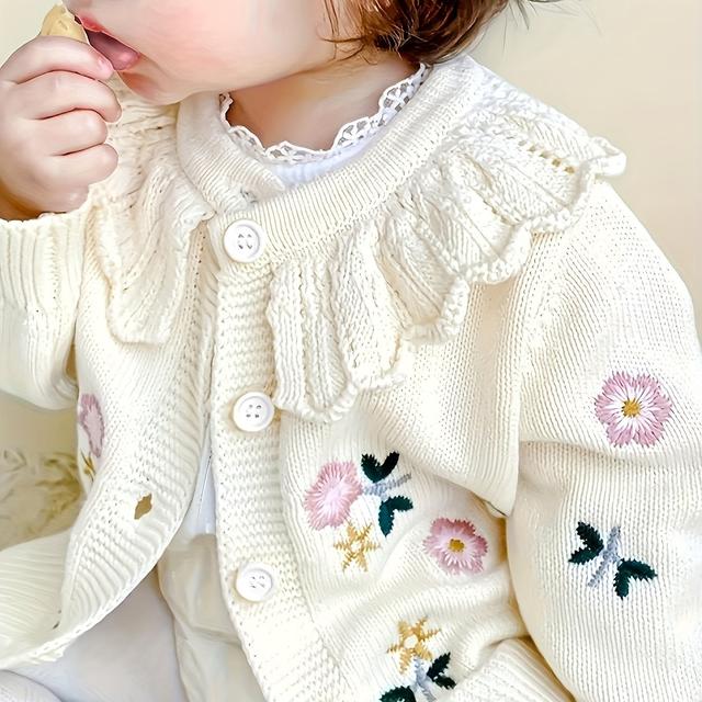 TEMU Baby Girl's Winter Cardigan Sweater - Soft Warm Long Sleeve Round Neck Floral Print Jacket, Machine Washable Cozy Outfit For &, Spring/autumn Clothing (flower Pattern)