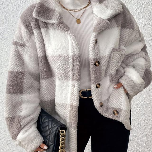 TEMU مقاس كبير - جاكيت نسائي مكشكش بأكمام طويلة مقاس كبير، ملابس خارجية كاجوال للخريف والشتاء، دافئ وأنيق.