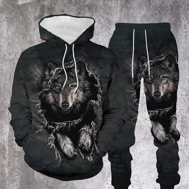 TEMU Men's 3d Casual Fashion Werewolf Hooded Sweatshirt Set, Stylish Cool Polyester Trendy Two-piece Outfit