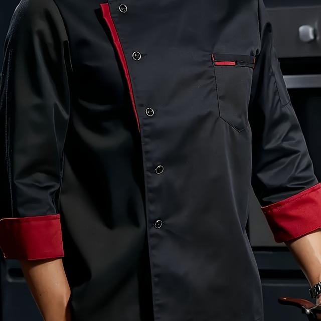 TEMU Men's Chef Coat With Chest Pocket, Formal Color Block Long Sleeve Button Up Stand Collar Coat For Kitchen Baking In Restaurant