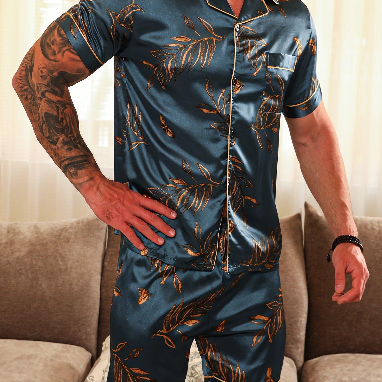 TEMU Plus Size Men's Short-sleeve Set For Spring And Summer, Featuring A Button-up Top And Shorts In A Two-piece Set