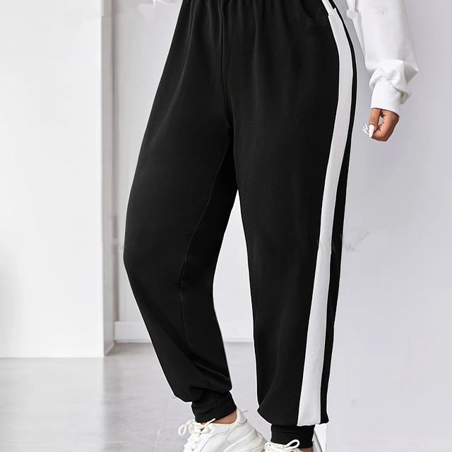 TEMU Women's Plus Size Wide-leg Casual Pants - Black & , Elastic Waistband, , Hand Wash Only, Comfortable Clothing, Medium Stretch Fabric