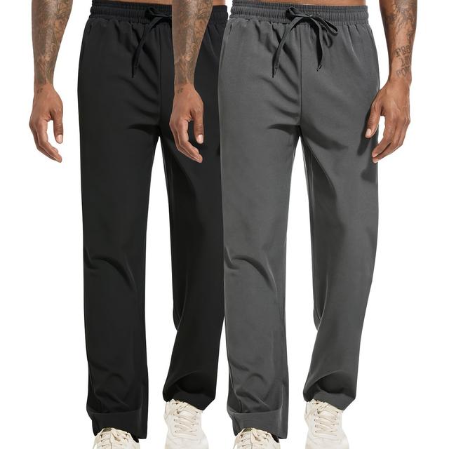TEMU 2-pack Men's Casual Sports Solid Color Drawstring Pants, Polyester Stretch Fabric, Pocket Detail, Loose Fit, Woven, Athletic Trousers