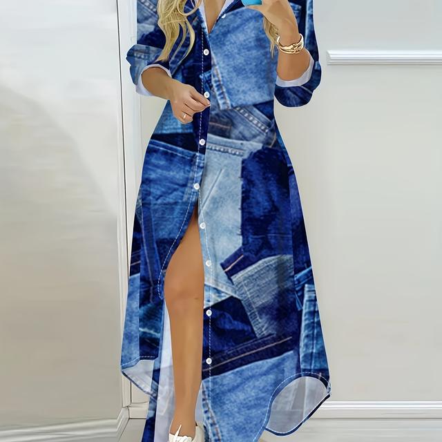 TEMU Long-sleeved Dress With -style Denim Pattern Print