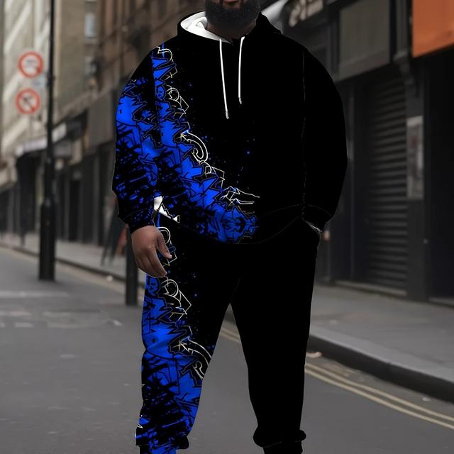 TEMU Men's Plus Size Casual Hoodie And Sweatpants Set - Stylish Abstract Print, , Polyester, With Drawstring Hoodie And Joggers, Relaxed Fit Pants | Abstract Print Hoodie | Polyester Fabric, Plus Siz