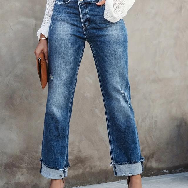 TEMU Nouveau pantalon en jean tube droit bouclé irrégulier pour femmes, perforé, à , style