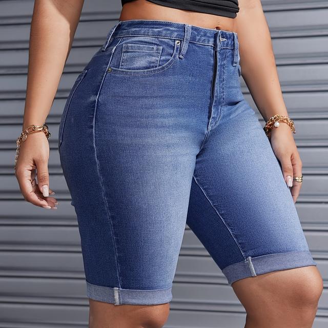 TEMU Women's Mid-waist Roll Cuff Bermuda Stretch Denim Shorts Everyday Everything Suitable For Daily Wear Suitable For Gifts