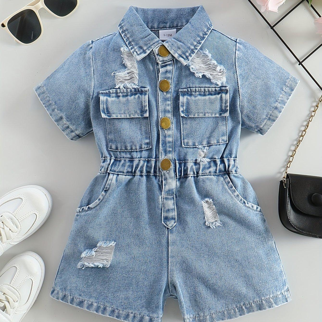 TEMU Western Summer ' Outfit, Toddler Collared Distressed Waist-cinching Denim Jumpsuit, For Outdoor