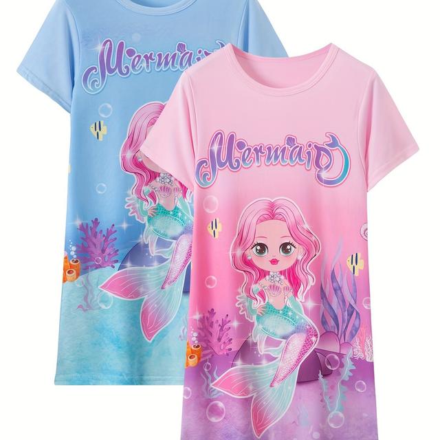 TEMU 2pcs Girls Summer Cartoon Mermaid Pattern Short Sleeve Knee Length Dress Comfortable & Princess For Girls, Kids' Cozy 4-14 Years Sister Wear Basic Dress