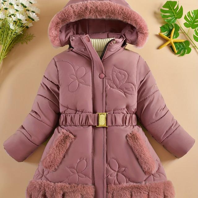 TEMU 2024 New ' Fashionable Belt Thickened Coat With Removable Faux Fur Collar Hat, 1pc