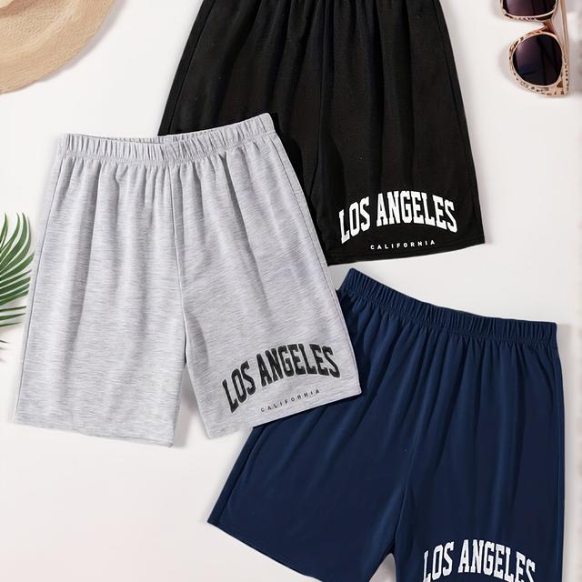 TEMU 3pcs Men's Shorts - Los Angeles Letter Print, Stretchy & Comfortable Shorts, 90 Drawstring Waist, Leisurewear Shorts||medium Elasticity