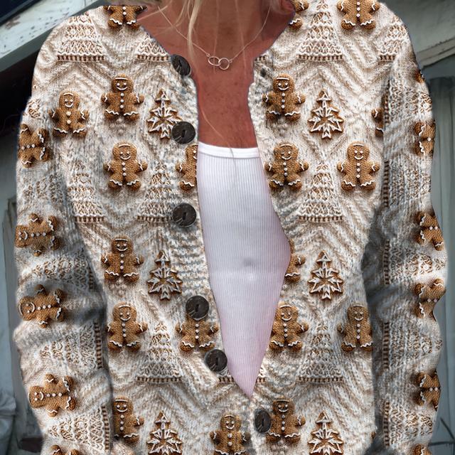 TEMU 2d Printed Women's Fashion Elegant Cute Christmas Tree Cookie Gnome Pattern All- Cardigan Style