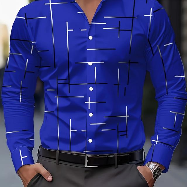 TEMU Men's Casual Geometric Print Long Sleeve Shirt - Breathable Button-up Collared Shirt For Spring & Fall, Machine Washable Regular & Casual Attire, Modern Menswear, Nonstretch Fabric
