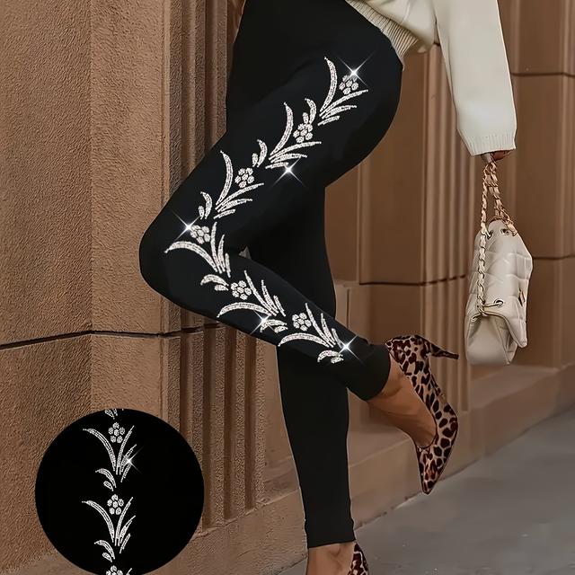 TEMU Plus Size, Oversized Rhinestone Pattern Tight Long Legs, Casual Everyday Stretch Long Legs, Women's Oversized Clothing