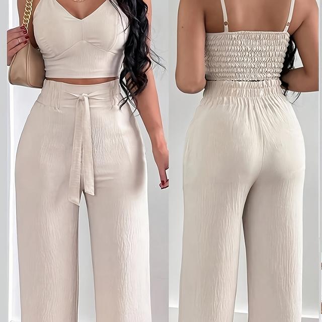 TEMU Conjunto de 2 Peças com Calças de Perna Larga e Cintura Ajustável com para Uso Casual em Cor Sólida Verão