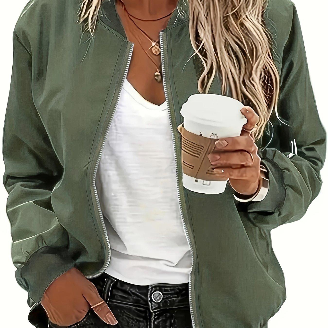 TEMU Women's Olive Jacket - Casual Zip-up Style, Polyester Blend, Machine Washable, Baseball Collar, Solid Color, Jacket| Style Jacket|smooth Texture Jacket