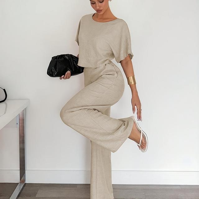 TEMU 2pcs 여성 솔리드 컬러 플리츠 상의 및 바지 캐주얼 의상, 비즈니스 캐주얼 여성 의류, 여성 작업복, 교사 복장, 캐주얼 세트