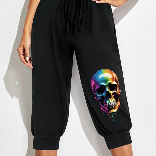 TEMU Pkdzt Plus Size Capri Pants - Relaxed Fit, Polyester Material, Knit Fabric, Rainbow Skull Design, Summer