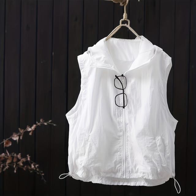 TEMU Summer 2025 New Solid Color Hooded Vest Women's Casual Loose Fit Cardigan Outerwear Top