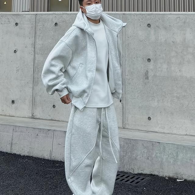 TEMU メンズカジュアルツーピーススーツ - ルーズフィット、長袖、無地、で暖かい、高級感ある素材、ポケット付き、秋冬必須、快適でおしゃれ、カジュアルウェア｜トレンディな秋スーツ、モズウェア、高品質仕立て、プラスサイズ, 秋のファッション,季節ごとのワードローブ,現代的なデザイン,なスーツ,ムステッチ,柔らかな質感,ポケットディテール,若手,メンズファッション